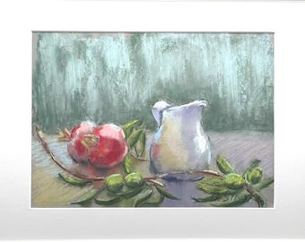 Original Pastel Still Life Painting – Pomegranate and Jug Artwork, Signed