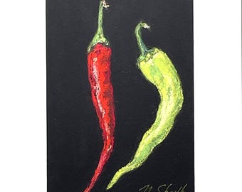 Handmade Chili Peppers Pastel Painting – Kitchen Art, Matted 21x30 cm