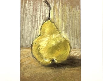 Original Pastel Botanical Illustration – Pear Artwork. Soft Pastel Fruit Still Life, Signed Handmade Painting.
