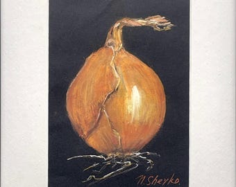 Original Onion Pastel Painting – Botanical Still Life Artwork