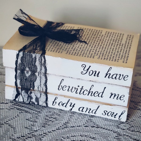 You have bewitched me Pride and Prejudice inspired book stack; book themed wedding shower; halloween gothic wedding; book themed wedding