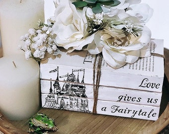 Custom Love give us a fairytale, hand stamped book stack; fairytale wedding decor; fairytale baby shower; princess bedroom decor