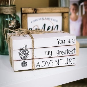 You are my greatest adventure Up inspired hand stamped and drawn book stack