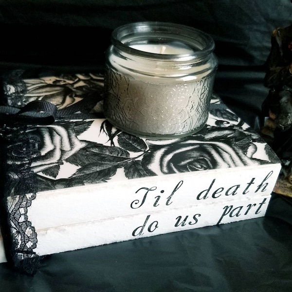 Till Death Do Us Part handmade stamped book decor; halloween wedding; goth decor; centerpiece