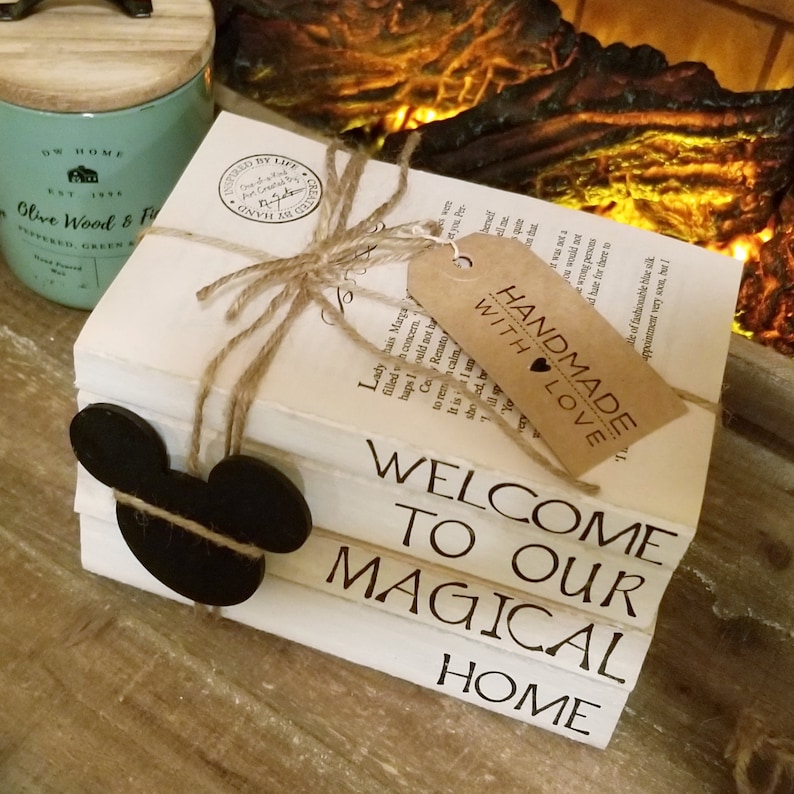 Disney inspired welcome to our magical home stamped book decor; disney house warming; disney home decor; disney tiered tray book decor