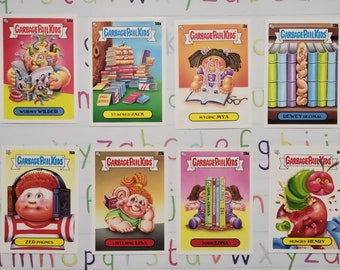 Set of 8 Garbage Pail Kid Card Stickers; book worm gifts; librarian gifts; teacher gag gift