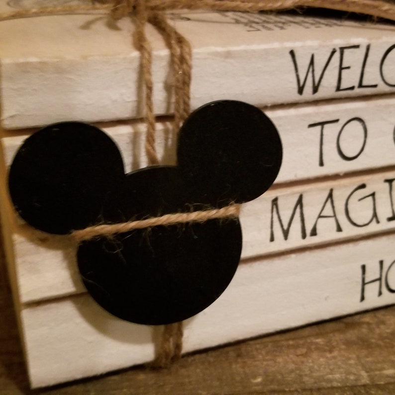 Disney inspired welcome to our magical home stamped book decor; disney house warming; disney home decor; disney tiered tray book decor