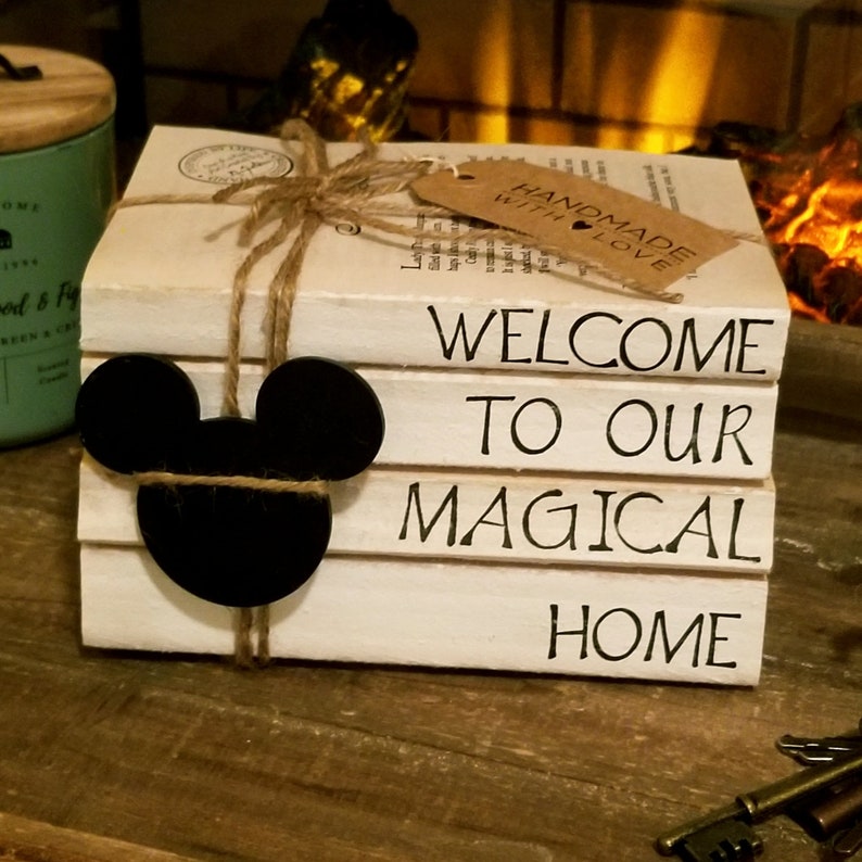 Disney inspired welcome to our magical home stamped book decor; disney house warming; disney home decor; disney tiered tray book decor