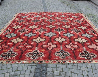 Grande tappeto Kilim turco vintage: tappeto in lana Boho da 13,8"x11,1'