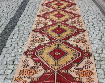 Vintage Turkish Kilim Runner Rug: 15.2"x3.6' Handwoven Bohemian Decor