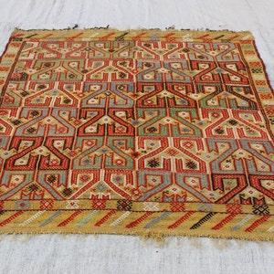 Alfombra Kilim Amarilla, 16 x 14,5 cm, 194 x 150 cm, Hecha a Mano, Vintage, Étnica, Boho, Decoración del Hogar