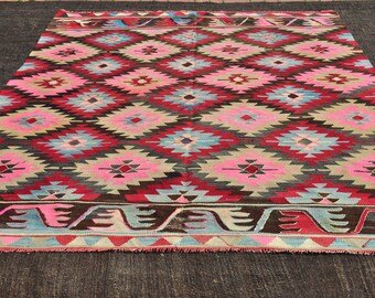 Pink Turkish Kilim Rug, 9.5"x6.7"Feet,290x205 cm,Large Anatolian Kilim Rug,Colorful Rug,Kilim Rug,Vintage Home Decor,Ethnic Rug