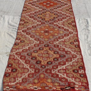 Vintage Turkish Kilim Runner: Handwoven Bohemian Rug (9.7&quot;x2.6&quot; Feet)