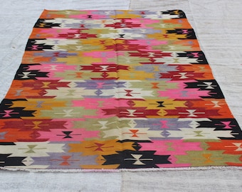 Pink Kilim Rug: Vintage Turkish Wool, Bohemian Tribal Decor (8.7"x4.8"FEET)