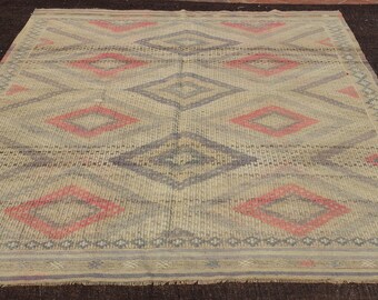 Pastel Kilim Rug, Handwoven Wool, Vintage Turkish Decor (10.3"X6.6" Feet)