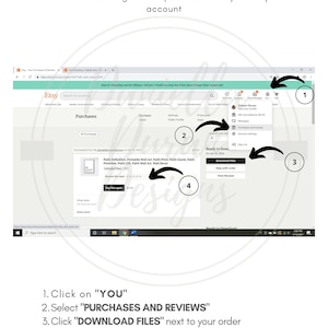 May include: A screenshot of an Etsy website showing how to access digital files after purchase. The image shows a computer screen with a browser window open to the Etsy website. The user is logged in and has purchased a digital product. The image shows the steps to download the digital files, including clicking on "You", "Purchases and Reviews", and "Download Files". The image also includes a note that the files can only be accessed on a desktop or laptop.