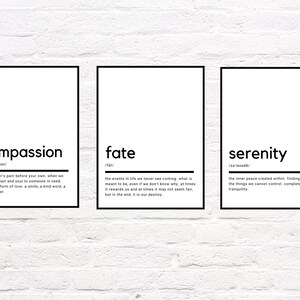 Set di arte murale stampabile di 3 / Definizioni di compassione, destino e serenità