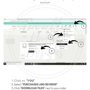 May include: A screenshot of an Etsy website showing how to access digital files after purchase. The image shows a computer screen with a browser window open to the Etsy website. The user is logged in and has purchased a digital product. The image shows the steps to download the digital files, including clicking on "You", "Purchases and Reviews", and "Download Files".