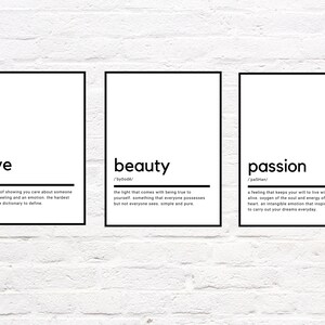 Set di arte murale stampabile di 3 / Definizioni di amore, bellezza e passione