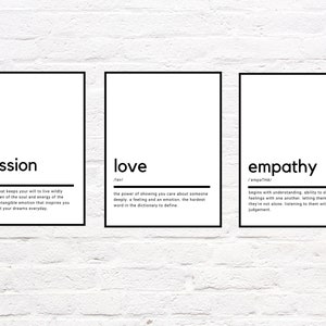 Set di 3 stampe da parete / Definizioni di passione, amore ed empatia