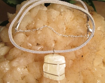 Calcite Choker, white fluorescent crystal necklace, boho trendy jewelry, suede choker