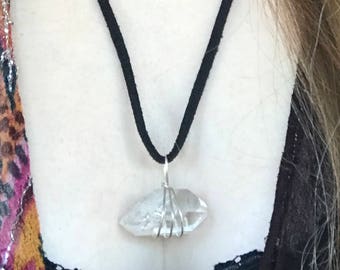 Double terminated clear quartz point necklace wrapped in sterling silver wire, high quality crystal, boho rave jewelry, handmade.