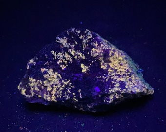 Fluorescent Wollastonite, and Franklinite. Yellow shortwave SW fluorescence. From Sterling Hill Mine, NJ.