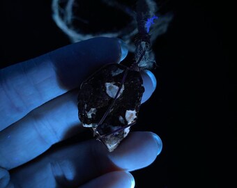 Druzy Calcite pockets on matrix necklace. Beautiful and unique fluorescent calcite wire-wrapped necklace. Boho rave jewelry.
