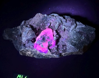 Midwave fluorescent Calcite Crystals and Dolomite on Matrix. Middleville, New York - ET134
