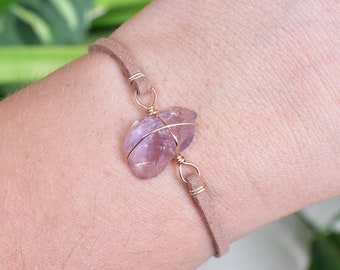 STUNNING AMETHYST wrapped in 14 K Rose Gold wire. Crystal Bracelet, unique boho rave jewelry, wire wrapped handmade, raw natural gemstone
