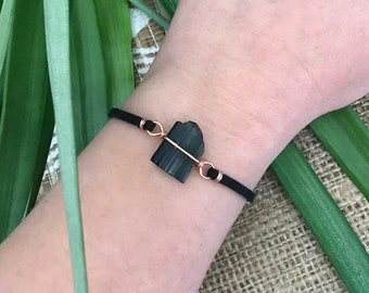 Black tourmaline bracelet, unique boho rave jewelry, copper wire wrapped handmade art, raw natural gemstone.