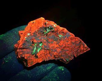 Fluorescent Willemite, Calcite, and Franklinite. Sw Uv Fluorescence. Sterling Hill Mine, New Jersey