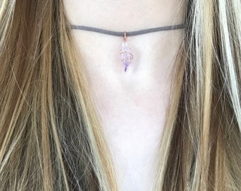 Amethyst crystal point choker, purple stone boho rave jewelry, basshead purple and gray copper necklace, handmade.