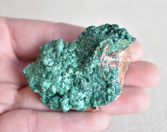 Stunning Malachite crystal cluster on a quartz, barite, and fluorite matrix. Beautiful green crystal from Morocco.
