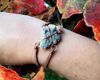 Fluorescent Scapolite bracelet, unique boho rave jewelry, copper wire wrapped handmade, raw natural, neon under UV light, gemstone. Clubwear