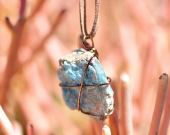 Blue apatite crystal necklace, crystal boho blue and brown necklace, rave festival trendy jewelry. Wire wrap.