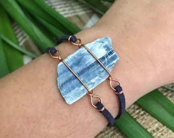 Rough Blue Kyanite bracelet. Unique boho rave jewelry, copper wire wrapped handmade art, rough natural gemstone. Trendy fashion statement