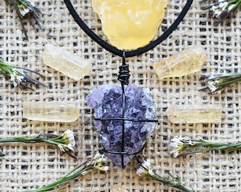 Amethyst crystal necklace, raw crystal cluster wrapped in black copper wire, crystal points boho rave jewelry, handmade. February birthstone