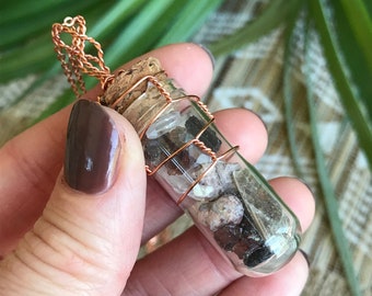 Glass Vial New Jersey crystals gift, neutral colors.  Wirewrapped copper necklace with cork, handmade unique pendant filled with NJ minerals