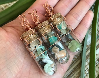 Glass Vial New Jersey crystals gift, wirewrapped copper necklace with cork, handmade unique pendant filled with local NJ minerals & crystals