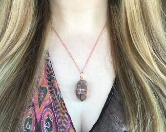 Smokey Quartz necklace, boho rave copper necklace, basshead crystal jewelry, handmade.