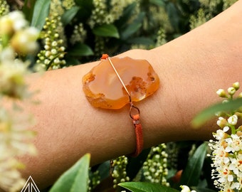 Orange/Yellow Agate bracelet . Unique boho rave jewelry, copper wire wrapped handmade art, rough natural gemstone. Trendy fashion statement