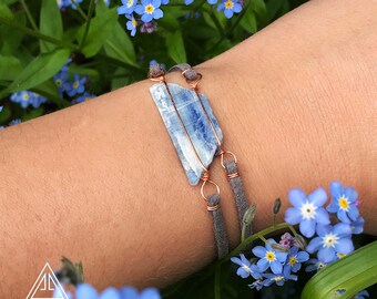 Blue kyanite bracelet. Unique boho rave jewelry, copper wire wrapped handmade art, rough natural gemstone. Trendy fashion statement