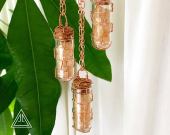 Glass Vial Imperial Topaz Necklace, wirewrapped copper topaz necklace with cork, handmade unique pendant filled with yellow/gold topaz