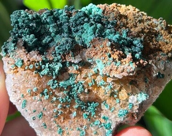 May include: A close-up of a green and brown crystal with a white, translucent base. The crystal has a rough, textured surface and is held in a hand.