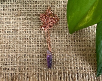 Amethyst crystal necklace. Rough crystal wrapped in copper wire, purple gemstone boho rave jewelry, handmade. Raw natural stone.