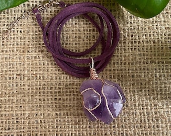 Amethyst crystal necklace, crystal cluster wrapped in rose wire, boho rave jewelry, handmade. February birthstone. Purple and Violet color.