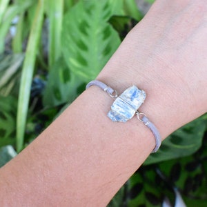 Blue Kyanite Bracelet wrapped in Silver Plated wire. Unique boho rave crystal jewelry, wire wrapped handmade, raw natural gemstone