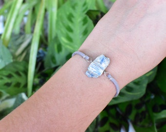 Blue Kyanite Bracelet wrapped in Silver Plated wire. Unique boho rave crystal jewelry, wire wrapped handmade, raw natural gemstone