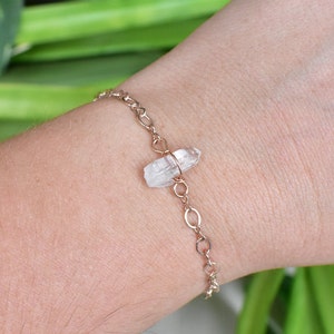 CLEAR QUARTZ Bracelet wrapped in 14 K Rose Gold wire. Unique boho rave crystal jewelry, wire wrapped handmade, raw natural gemstone